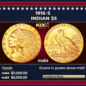 1916-s Gold Indian Half Eagle $5 ms64 USCG