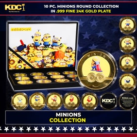 10 PC. Minions Gold Plated Round Collection In Custom Box W/ Special Backer card
