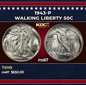 1943-p Walking Liberty Half Dollar 50c ms67 SEGS