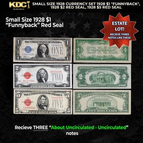 Small Size 1928 Currency Set 1928 $1 "Funnyback", 1928 $2 Red Seal, 1928 $5 Red Seal Grades AU/CU