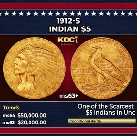 1912-s Gold Indian Half Eagle $5 ms63+ USCG
