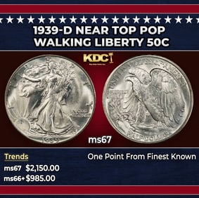 1939-d Walking Liberty Half Dollar Near Top Pop 50c ms67 SEGS
