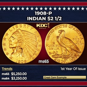 1908-p Gold Indian Quarter Eagle $2 1/2 ms65 SEGS