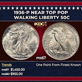 1936-p Walking Liberty Half Dollar Near Top Pop 50c ms67 SEGS