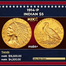1914-p Gold Indian Half Eagle $5 ms64+ USCG