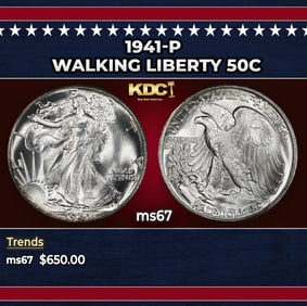 1941-p Walking Liberty Half Dollar 50c ms67 SEGS