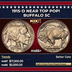 1915-d Buffalo Nickel Near Top Pop! 5c ms66+ SEGS