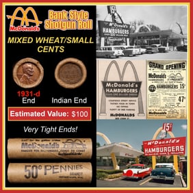 Lincoln Wheat Cent 1c Mixed Roll Orig Brandt McDonalds Wrapper, 1931-d end, Indian other end
