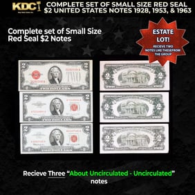 Complete Set Of Small Size Red Seal $2 United States Notes 1928, 1953, & 1963 Grades AU/CU
