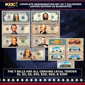 Complete Denomination Set of 7 Colorized 2-Sided US Banknotes ($1 to $100) The Bills Are Real Other