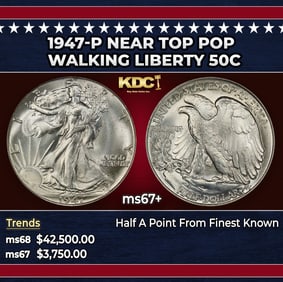 1947-p Walking Liberty Half Dollar Near Top Pop 50c ms67+ SEGS
