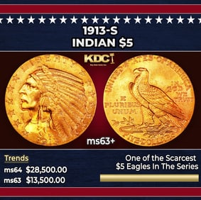 1913-s Gold Indian Half Eagle $5 ms63+ USCG