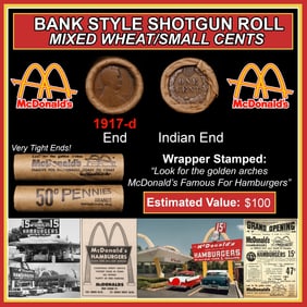 Lincoln Wheat Cent 1c Mixed Roll Orig Brandt McDonalds Wrapper, 1917-d end, Indian other end