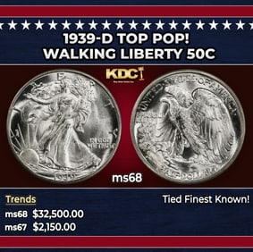 1939-d Walking Liberty Half Dollar TOP POP! 50c ms68 SEGS