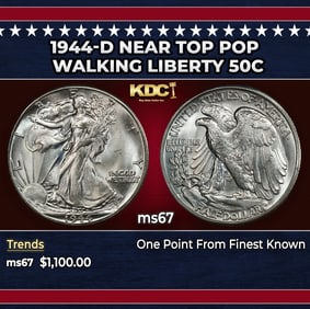 1944-d Walking Liberty Half Dollar Near Top Pop 50c ms67 SEGS