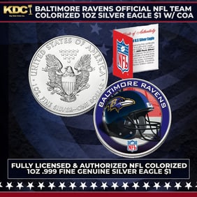 Baltimore Ravens Official NFL Team Colorized 1oz Silver Eagle $1 w/ COA Other Toy