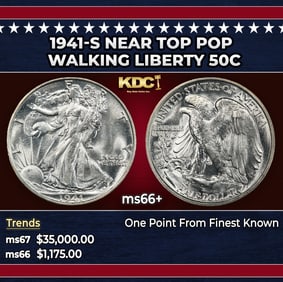 1941-s Walking Liberty Half Dollar Near Top Pop 50c ms66+ SEGS