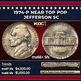 1974-p Jefferson Nickel Near Top Pop 5c ms66+ 5fs SEGS
