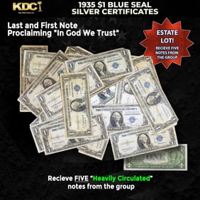 5x 1935 $1 Blue Seal Silver Certificates Heavily Circulated