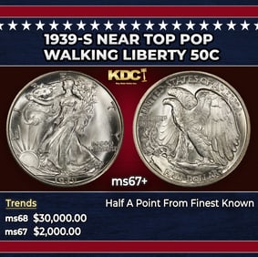 1939-s Walking Liberty Half Dollar Near Top Pop 50c ms67+ SEGS