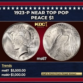 1923-p Peace Dollar Near Top Pop $1 ms67 SEGS