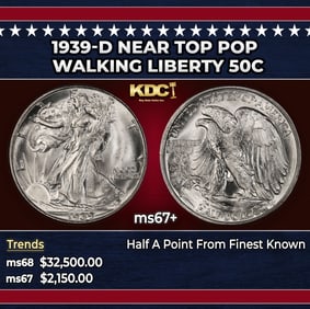1939-d Walking Liberty Half Dollar Near Top Pop 50c ms67+ SEGS
