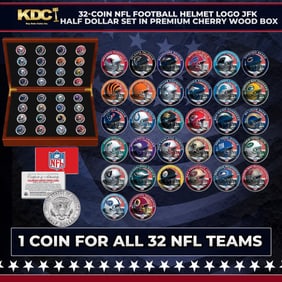 32-Coin NFL Football Helmet Logo JFK Half Dollar Set in Premium Cherry Wood Box Other Toy