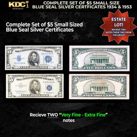 Complete Set of $5 Small Size Blue Seal Silver Certficates 1934 & 1953 Grades VF/XF