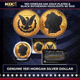1921 Morgan Dollar $1 24K Gold Plated & Black Ruthenium Highlights w/ Box Other Toy