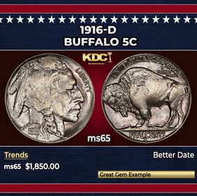 1916-d Buffalo Nickel 5c ms65 SEGS