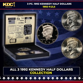 Complete 3 PC. 1992 Kennedy Half Dollar 50c set In Custom Box W/ Special Backer Card BU & Proof