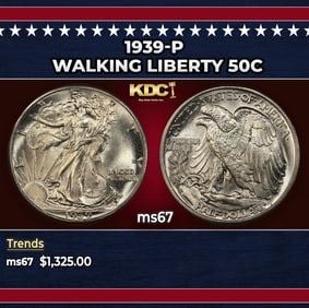 1939-p Walking Liberty Half Dollar 50c ms67 SEGS