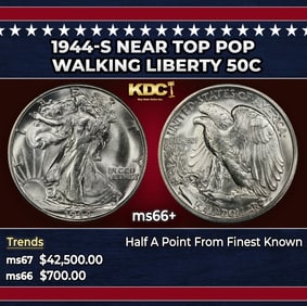 1944-s Walking Liberty Half Dollar Near Top Pop 50c ms66+ SEGS