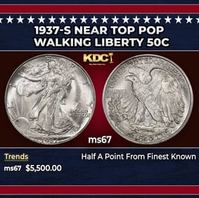 1937-s Walking Liberty Half Dollar Near Top Pop 50c ms67 SEGS