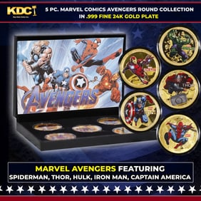 5 Coin Marvel Comics Avengers Gold Plated Round Collection Spider-Man, Hulk, Captain America, Thor,