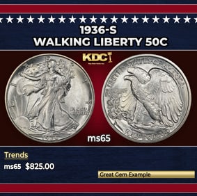 1936-s Walking Liberty Half Dollar 50c Grades ms65