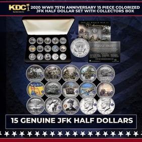 2020 WWII 75th Anniversary 15 Piece Colorized JFK Half Dollar Set with Collectors Box Other Toy