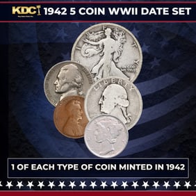 1942 WWII 5 Coin Date Set, 1 Of Each Type Of Coin Minted in 1942