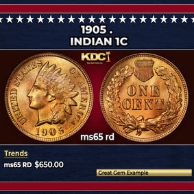 1905 Indian Cent . 1c Grades ms65 rd