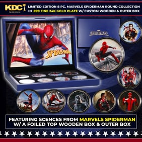Limited Edition 8 Coin Spiderman Gold Plated Collection In Custom WOODEN Box W/ Special Backer card