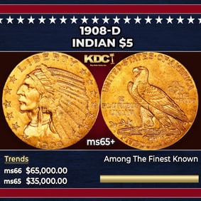 1908-d Gold Indian Half Eagle $5 ms65+ USCG