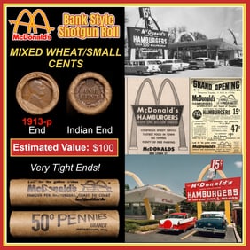 Lincoln Wheat Cent 1c Mixed Roll Orig Brandt McDonalds Wrapper, 1913-p end, Indian other end