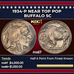 1934-p Buffalo Nickel Near Top Pop 5c ms67 SEGS