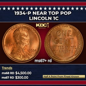 1934-p Lincoln Cent Near Top Pop 1c ms67+ rd SEGS
