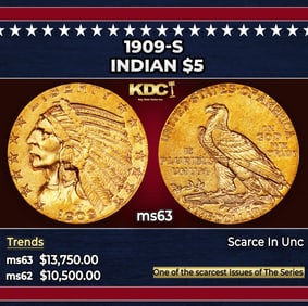1909-s Gold Indian Half Eagle $5 ms63 USCG