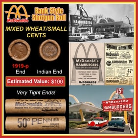 Lincoln Wheat Cent 1c Mixed Roll Orig Brandt McDonalds Wrapper, 1919-p end, Indian other end