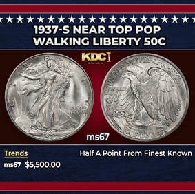 1937-s Walking Liberty Half Dollar Near Top Pop 50c ms67 SEGS