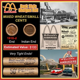 Lincoln Wheat Cent 1c Mixed Roll Orig Brandt McDonalds Wrapper, 1918-d end, Indian other end