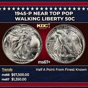 1945-p Walking Liberty Half Dollar Near Top Pop 50c ms67+ SEGS