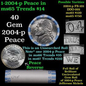 BU Shotgun Jefferson 5c roll, 2004-p Peace 40 pcs Bank $2 Nickel Wrapper
